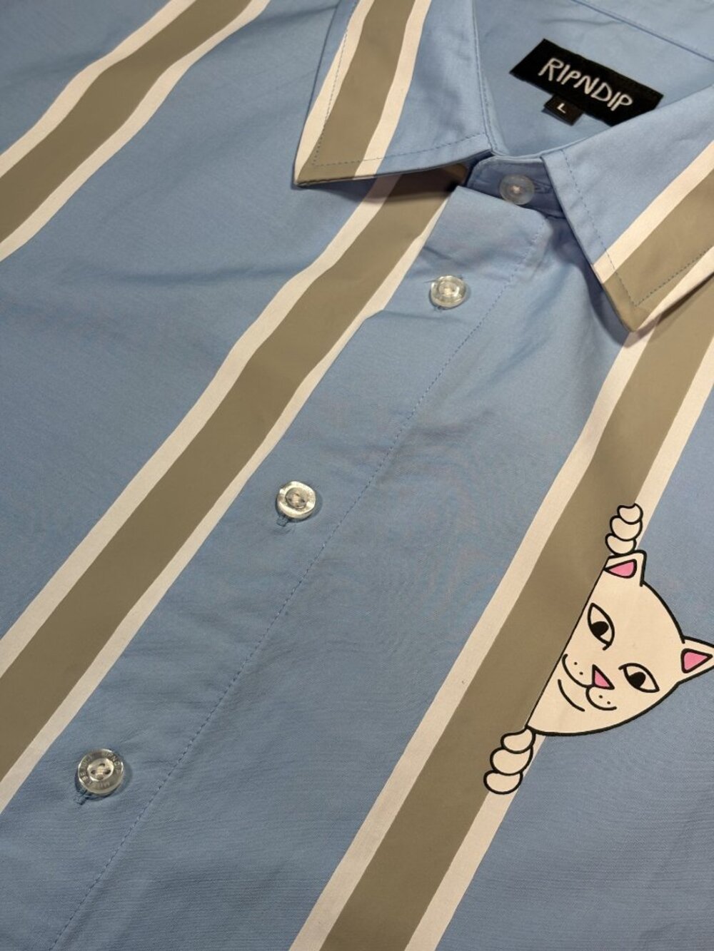 RIPNDIP Lord Nermal Peeking Cat Striped Button Up Shirt Blue Size Large